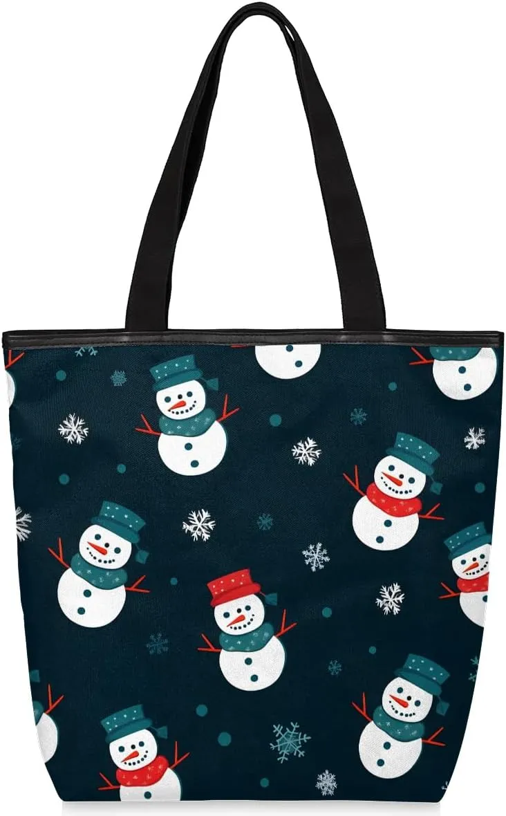 Canvas Tote Bag for Women Men Christmas Cartoon Little Snowman Canvas Handbag Shoulder Tote Bag with Zipper Closure Reusable Grocery Bag Shopping Cloth Bag with Handles for Beach Gym Picnic Work