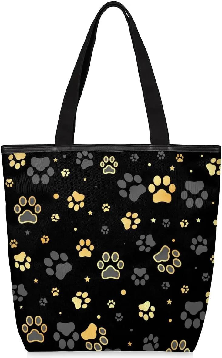 Canvas Tote Bag for Women Men Gold Black Paw Prints Canvas Handbag Shoulder Tote Bag with Zipper Closure Reusable Grocery Bag Shopping Cloth Bag with Handles for Beach Gym Picnic Work