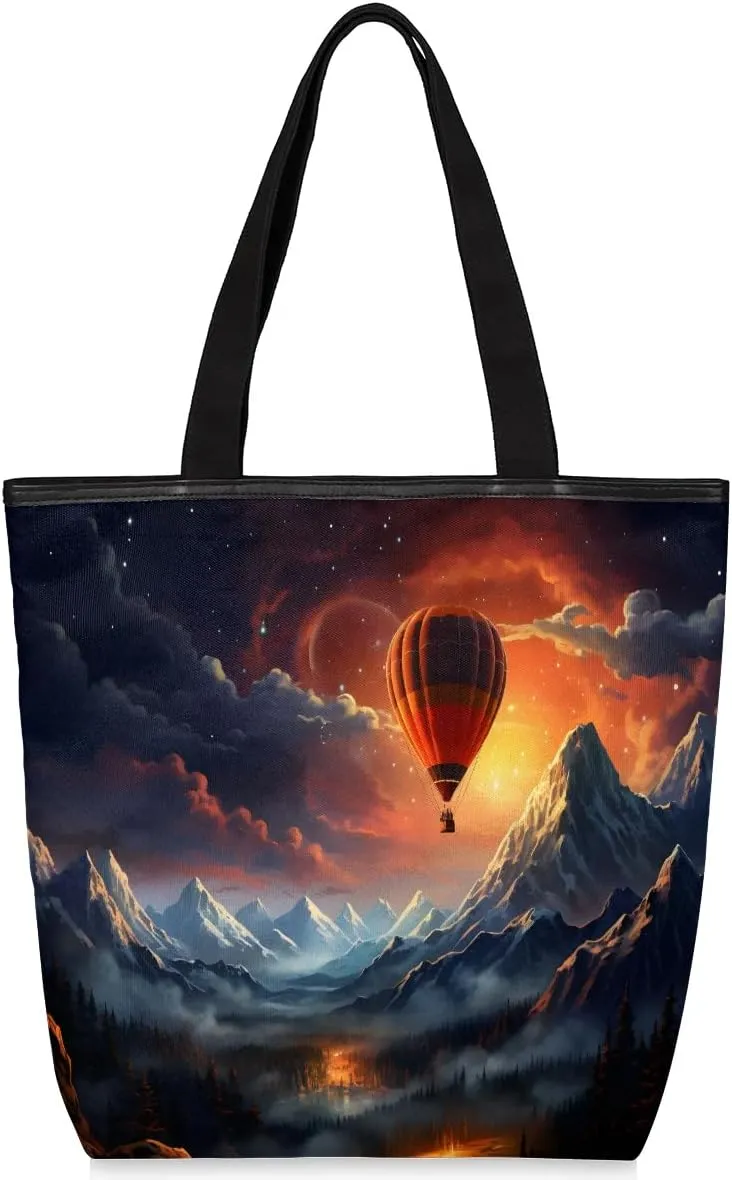 Canvas Tote Bag for Women Men Hot Air Balloon In The Valley Canvas Handbag Shoulder Tote Bag with Zipper Closure Reusable Grocery Bag Shopping Cloth Bag with Handles for Beach Gym Picnic Work
