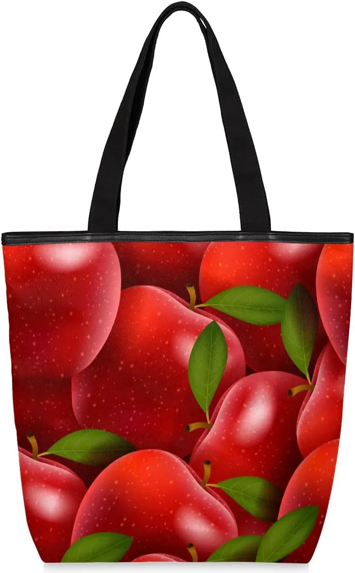 Canvas Tote Bag for Women Men Red Fruitful Apples Canvas Handbag Shoulder Tote Bag with Zipper Closure Reusable Grocery Bag Shopping Cloth Bag with Handles for Beach Gym Picnic Work