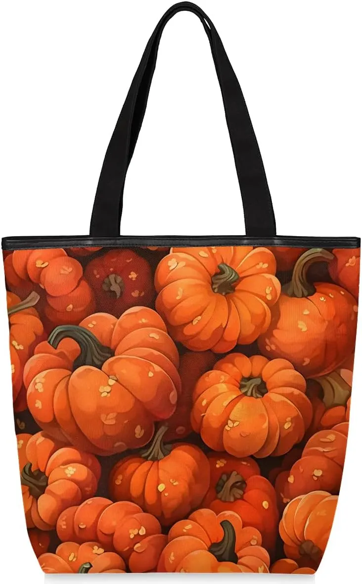 Canvas Tote Bag for Women Men Thanksgiving Orange Pumpkin Canvas Handbag Shoulder Tote Bag with Zipper Closure Reusable Grocery Bag Shopping Cloth Bag with Handles for Beach Gym Picnic Work