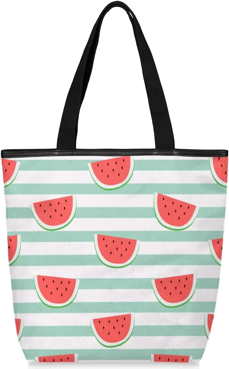 Canvas Tote Bag for Women Men Watermelons Stripes Canvas Handbag Shoulder Tote Bag with Zipper Closure Reusable Grocery Bag Shopping Cloth Bag with Handles for Beach Gym Picnic Work