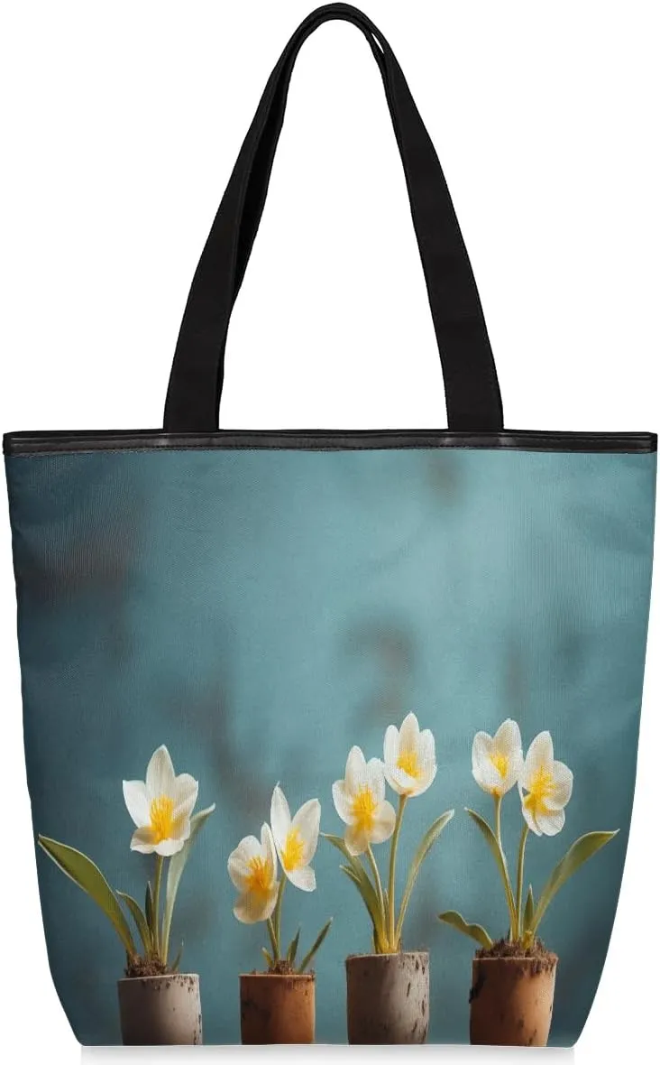 Canvas Tote Bag for Women Men White Nature Flowers Canvas Handbag Shoulder Tote Bag with Zipper Closure Reusable Grocery Bag Shopping Cloth Bag with Handles for Beach Gym Picnic Work