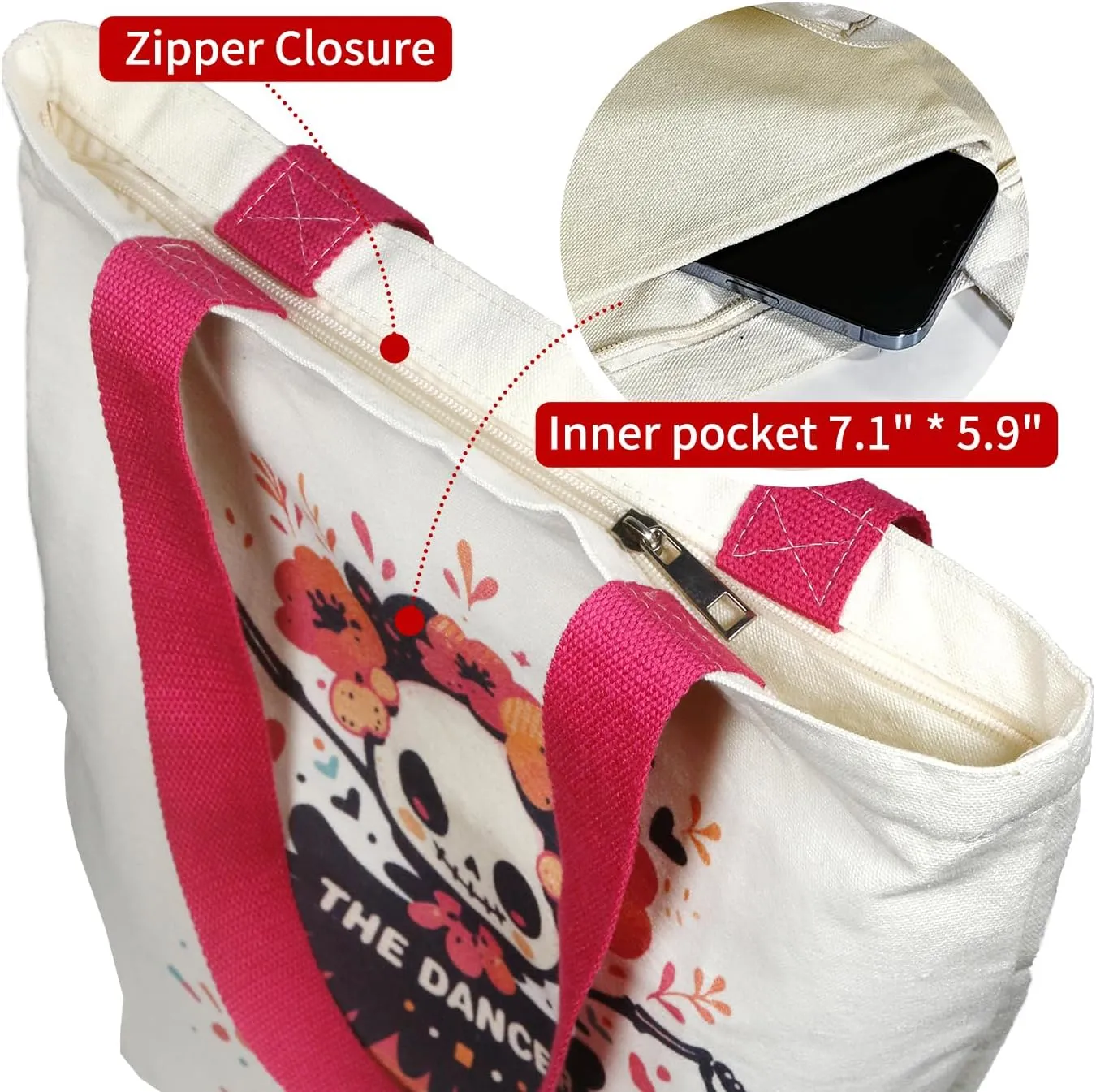Canvas Tote Bag for Women, Tote Bag with Zipper Inner Pocket, Zippered Canvas Bag for Shopping Work Grocery Everyday