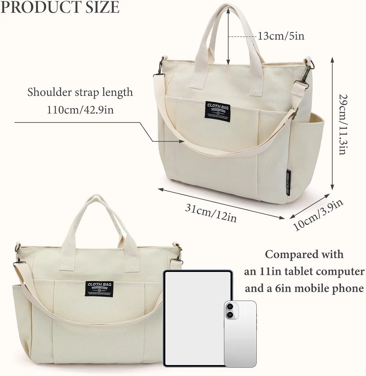 Canvas Tote Bag, Large Capacity Crossbody Bag Multi Pocket Canvas Laptop Tote Bag for Work Travel