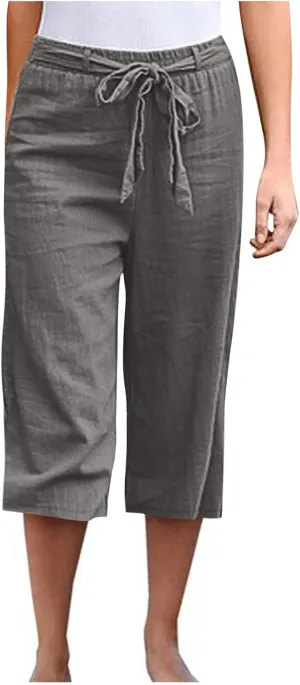 Capri Pants for Women 2025 Summer Elastic Waist Straight Pant Drawstring Wide Leg Cotton Linen Lightweight Trousers