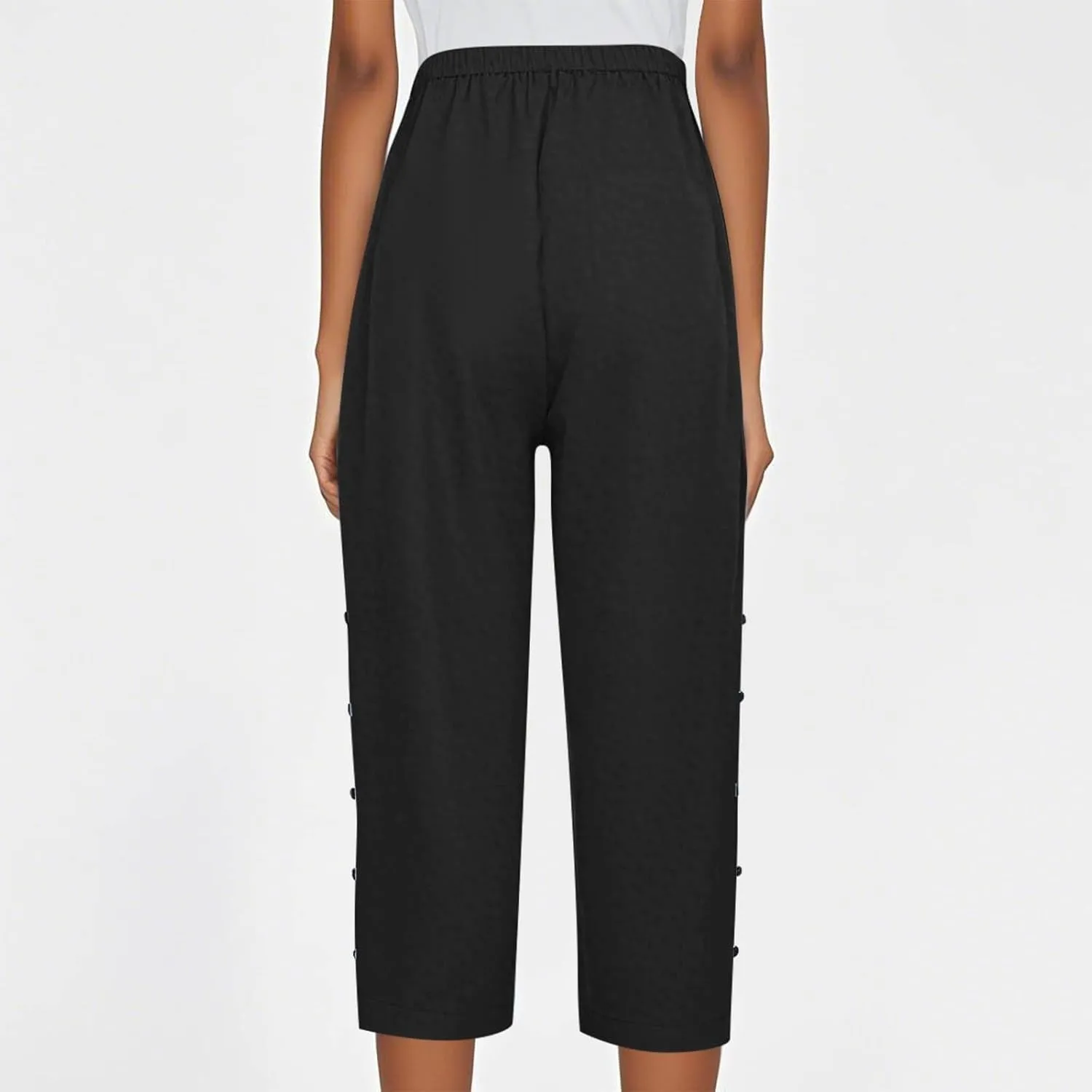 Capris Pants for Women Cotton Line Fashion Elastic Waist Drawstring Pants Vintage Side Button Pockets Cropped Trouser