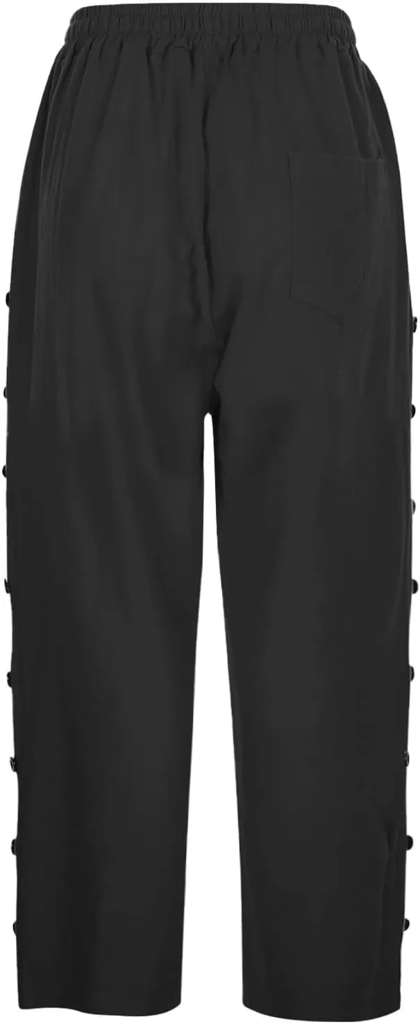 Capris Pants for Women Cotton Line Fashion Elastic Waist Drawstring Pants Vintage Side Button Pockets Cropped Trouser