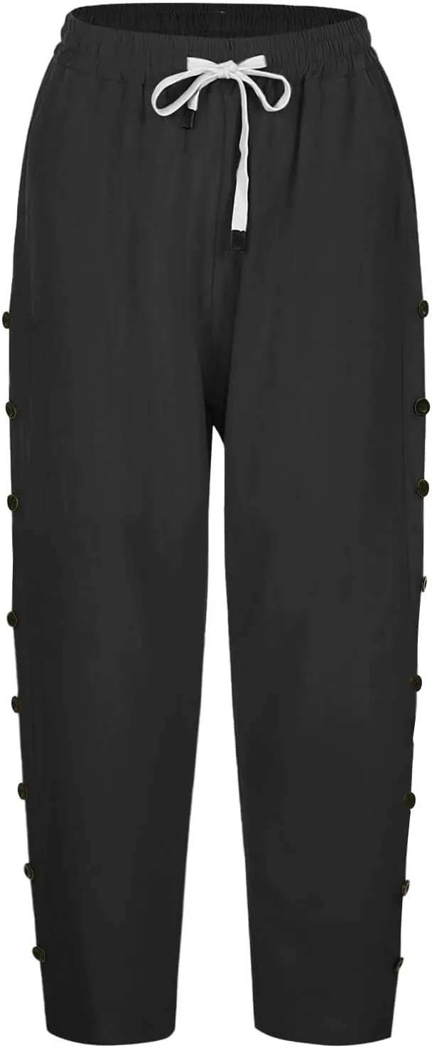 Capris Pants for Women Cotton Line Fashion Elastic Waist Drawstring Pants Vintage Side Button Pockets Cropped Trouser