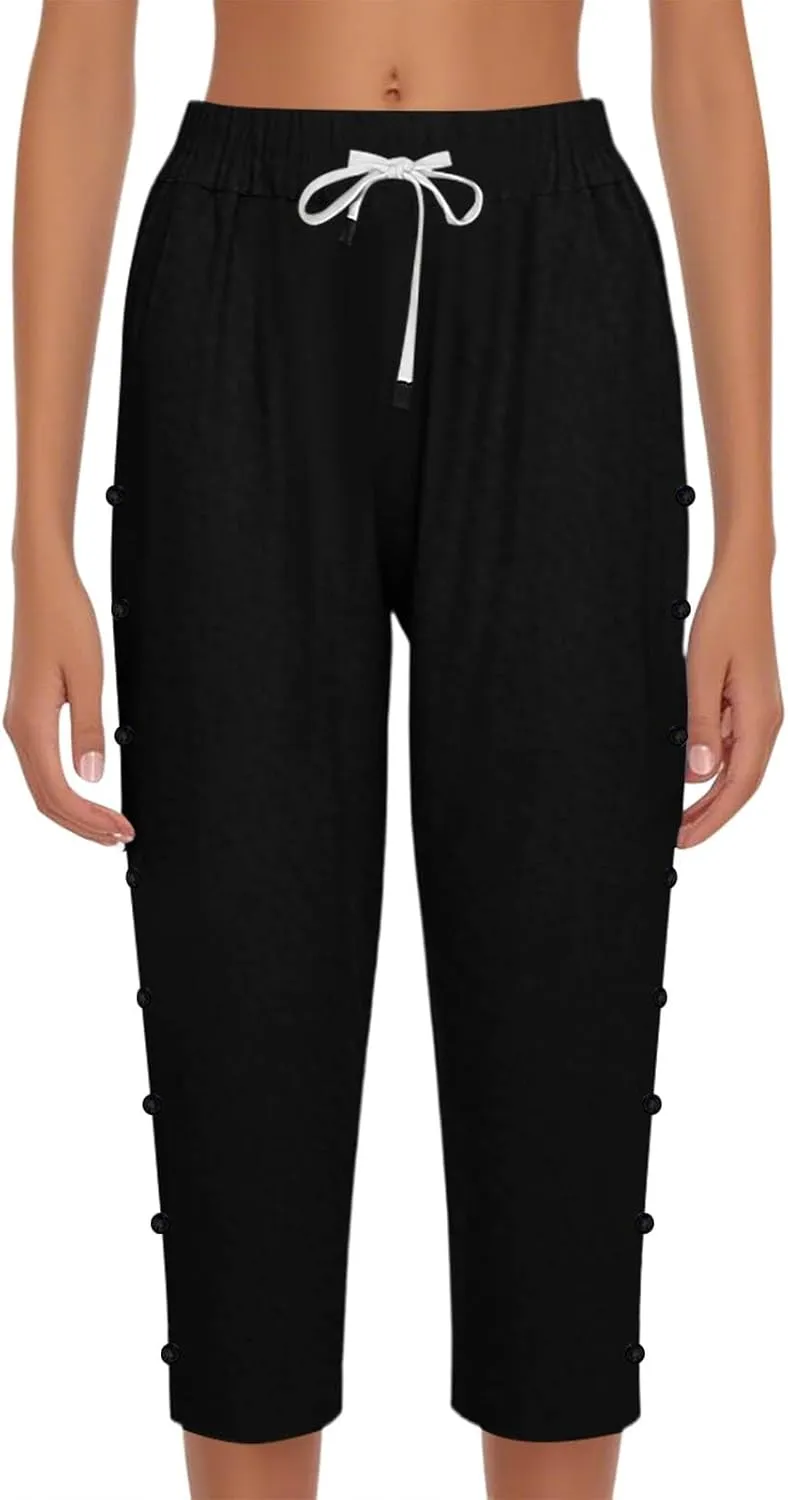 Capris Pants for Women Cotton Line Fashion Elastic Waist Drawstring Pants Vintage Side Button Pockets Cropped Trouser