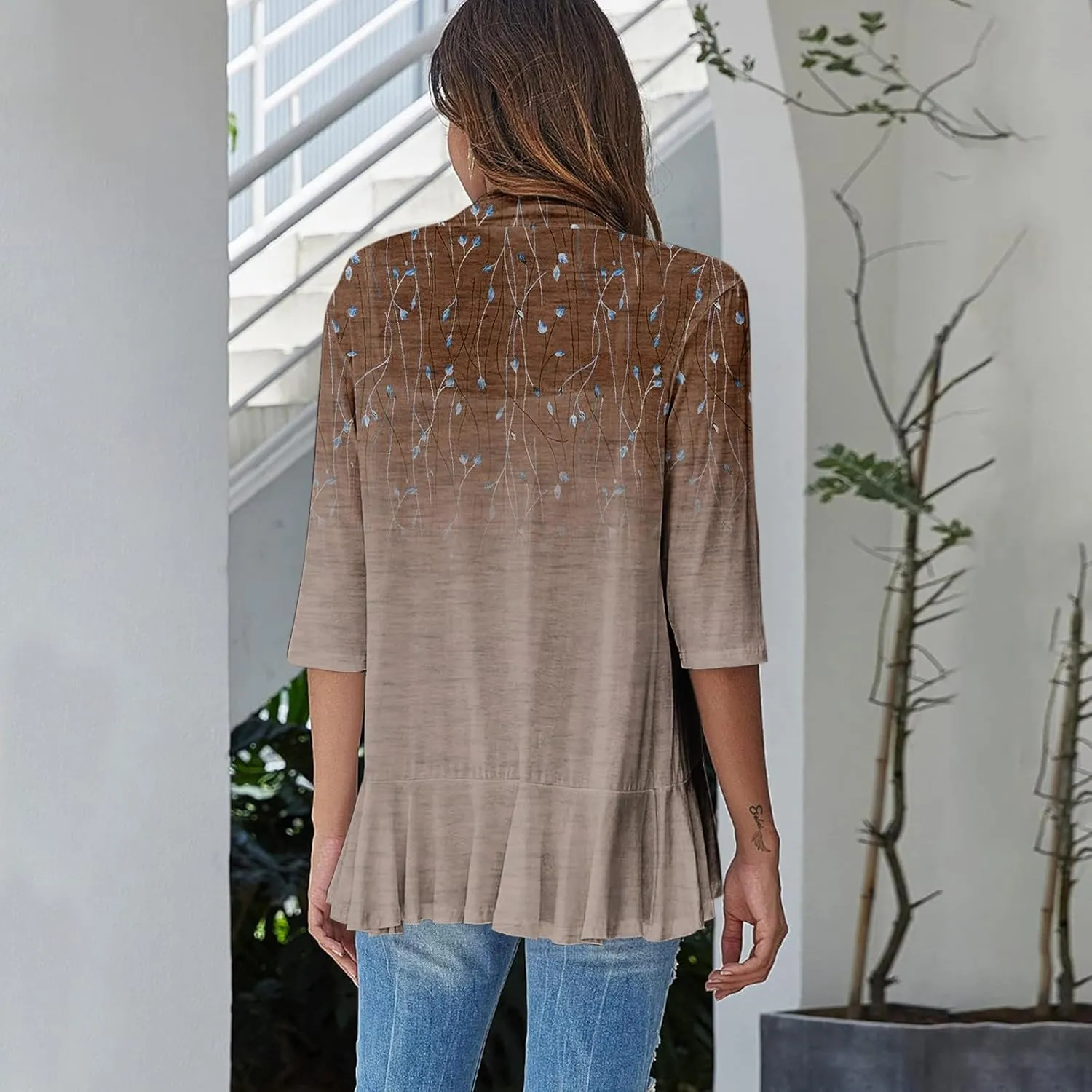 Cardigan for Women Draped Ruffles Printed Casual Tops 3/4 Sleeves Lightweight Open Front Shirts