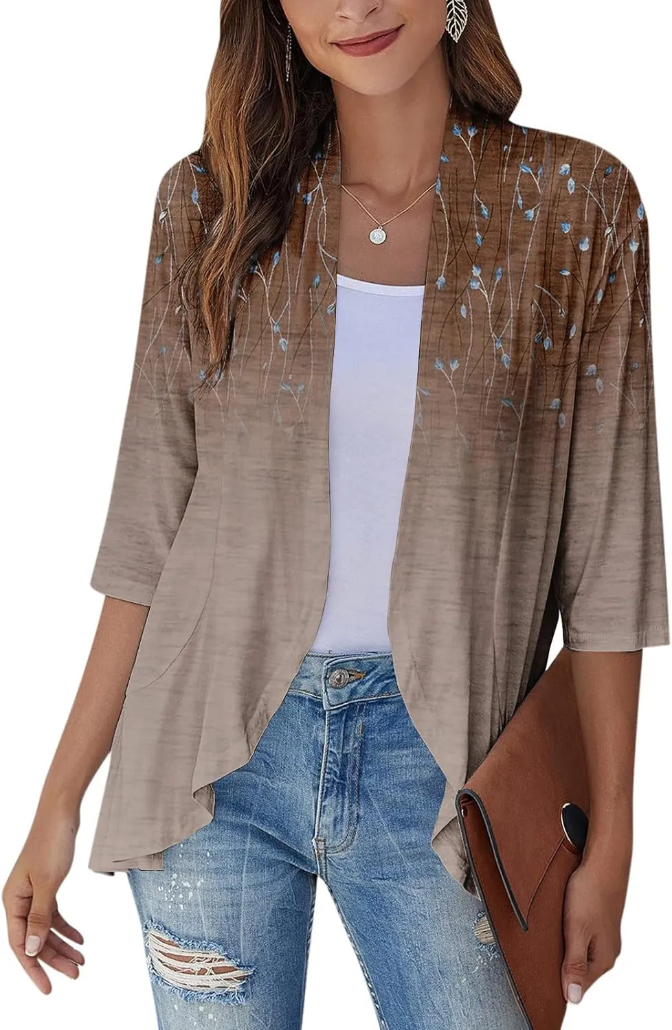 Cardigan for Women Draped Ruffles Printed Casual Tops 3/4 Sleeves Lightweight Open Front Shirts