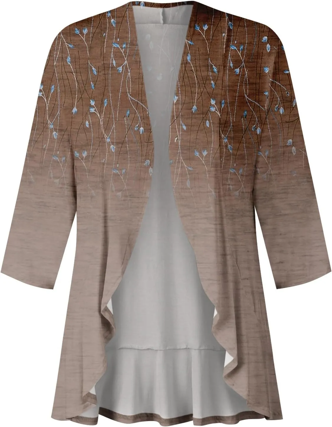 Cardigan for Women Draped Ruffles Printed Casual Tops 3/4 Sleeves Lightweight Open Front Shirts
