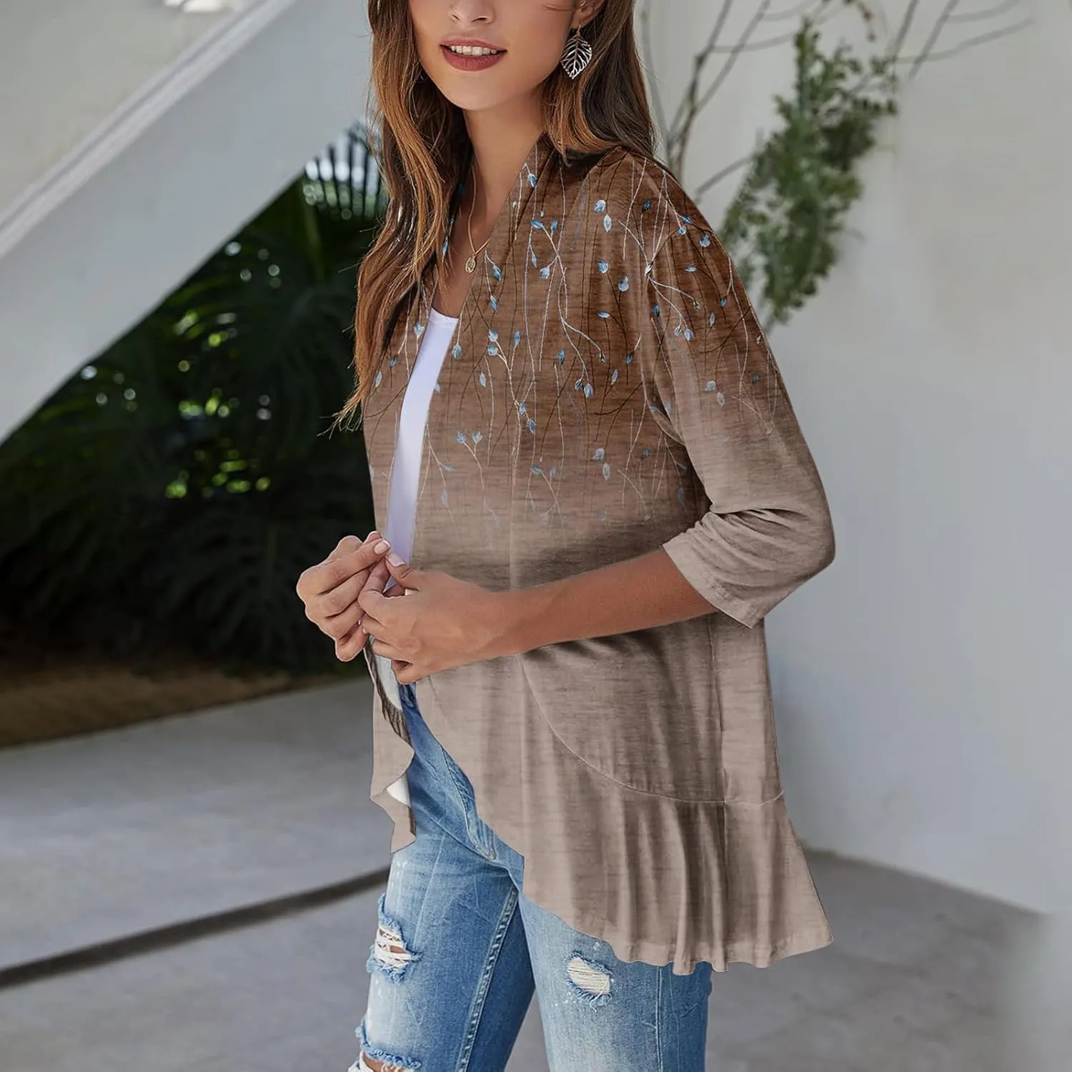 Cardigan for Women Draped Ruffles Printed Casual Tops 3/4 Sleeves Lightweight Open Front Shirts