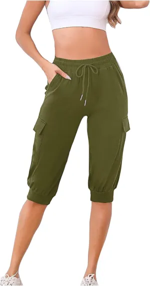 Cargo Capri Pants for Women High Waisted Relaxed Fit Elastic Knit Waist Casual Soft Capris Trousers Cropped Pants