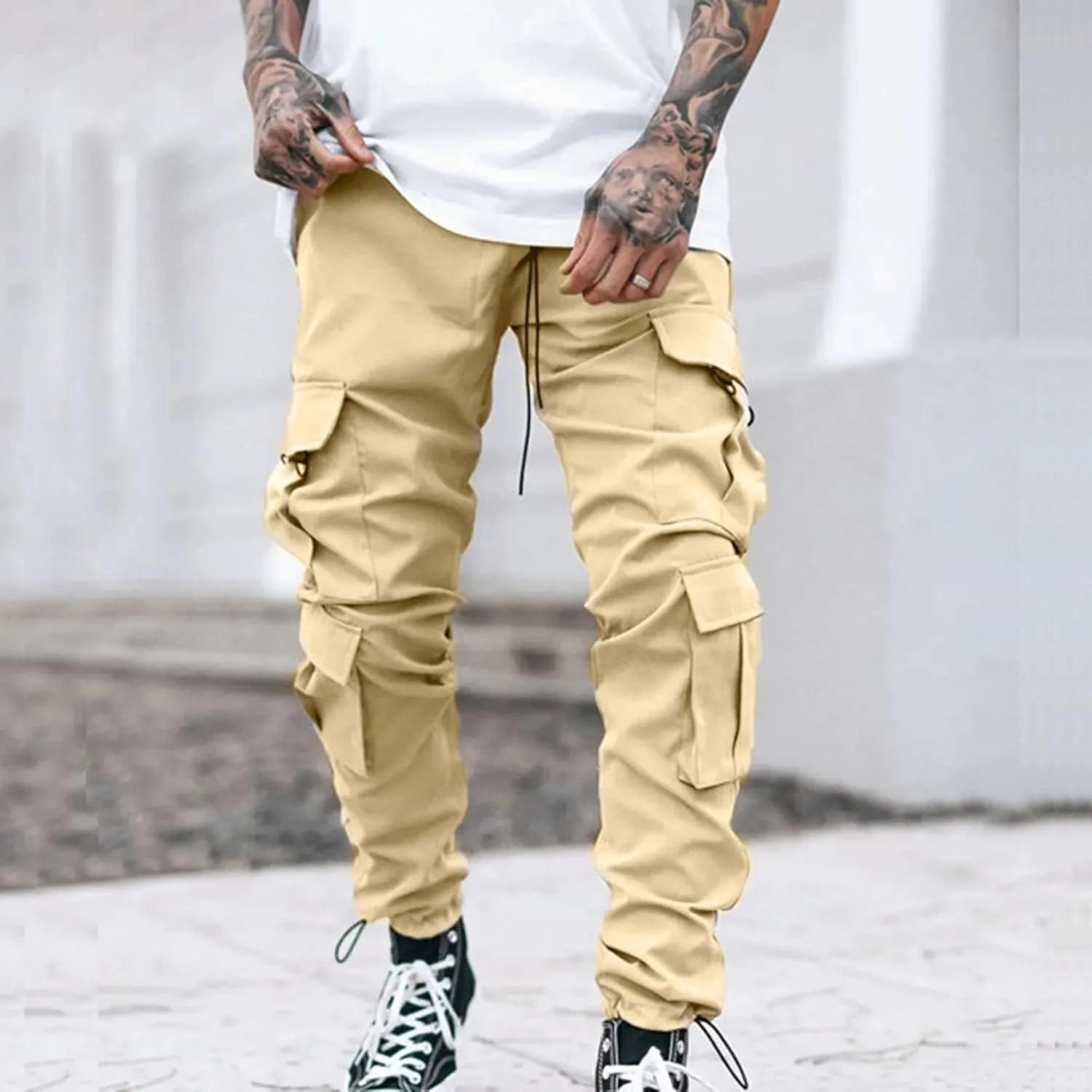 Cargo Sweatpants for Men Elastic Waist Drawstring Work Jogger Pants with Pockets Mens Casual Pants Stretch Slim Fit