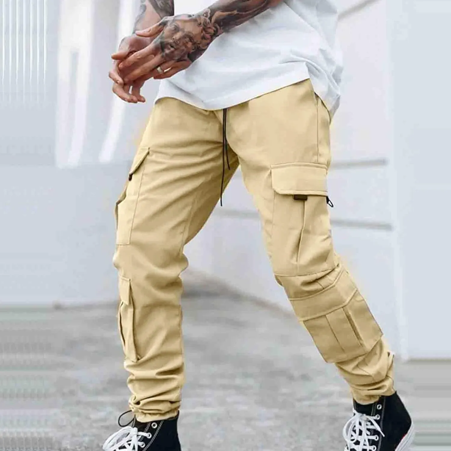 Cargo Sweatpants for Men Elastic Waist Drawstring Work Jogger Pants with Pockets Mens Casual Pants Stretch Slim Fit