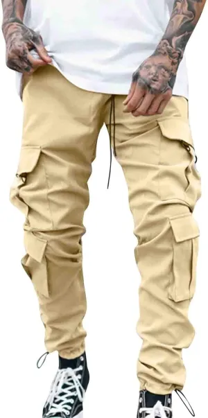 Cargo Sweatpants for Men Elastic Waist Drawstring Work Jogger Pants with Pockets Mens Casual Pants Stretch Slim Fit