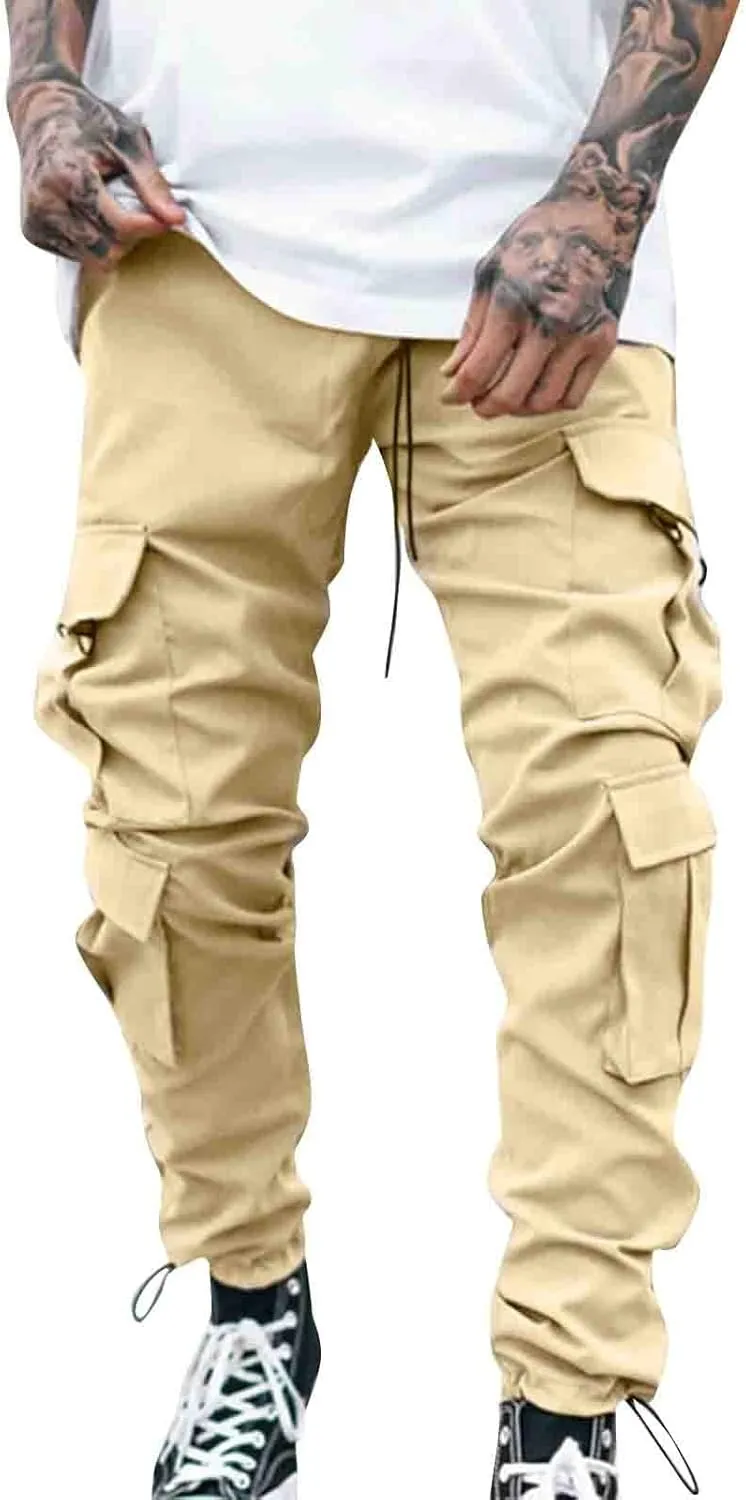 Cargo Sweatpants for Men Elastic Waist Drawstring Work Jogger Pants with Pockets Mens Casual Pants Stretch Slim Fit