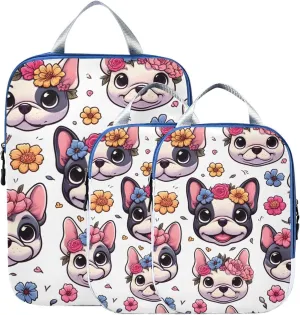 Cartoon French Bulldog Dog Compression Packing Cubes for Travel Packing Organizers Backpack 3 Pack Luggage Travel Essentials Carry Must Haves Waterproof Suitcase Storage Bags
