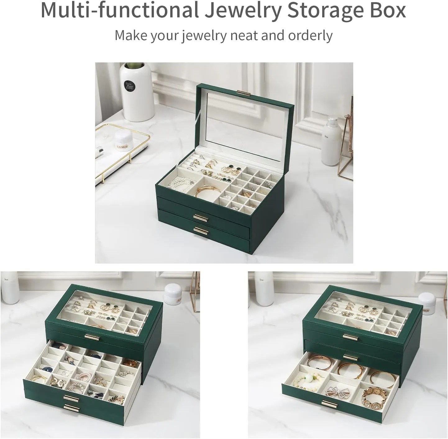 CASEGRACE Jewelry Box for Women, 3 Layer Double Drawer Jewelry Organizer Clear Lid, Large Jewelry Display Case for Necklace Bracelet Earrings Rings Storage for Dresser, Green
