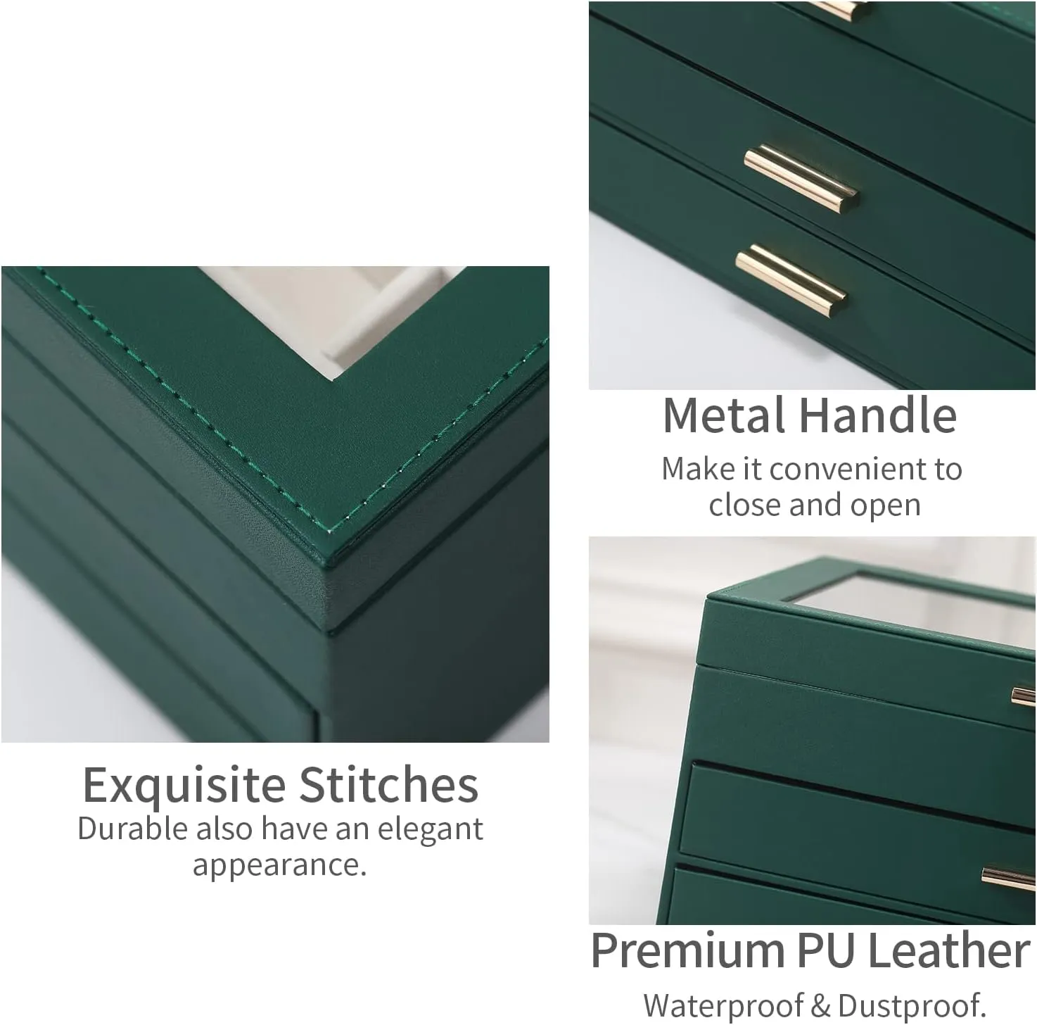 CASEGRACE Jewelry Box for Women, 3 Layer Double Drawer Jewelry Organizer Clear Lid, Large Jewelry Display Case for Necklace Bracelet Earrings Rings Storage for Dresser, Green