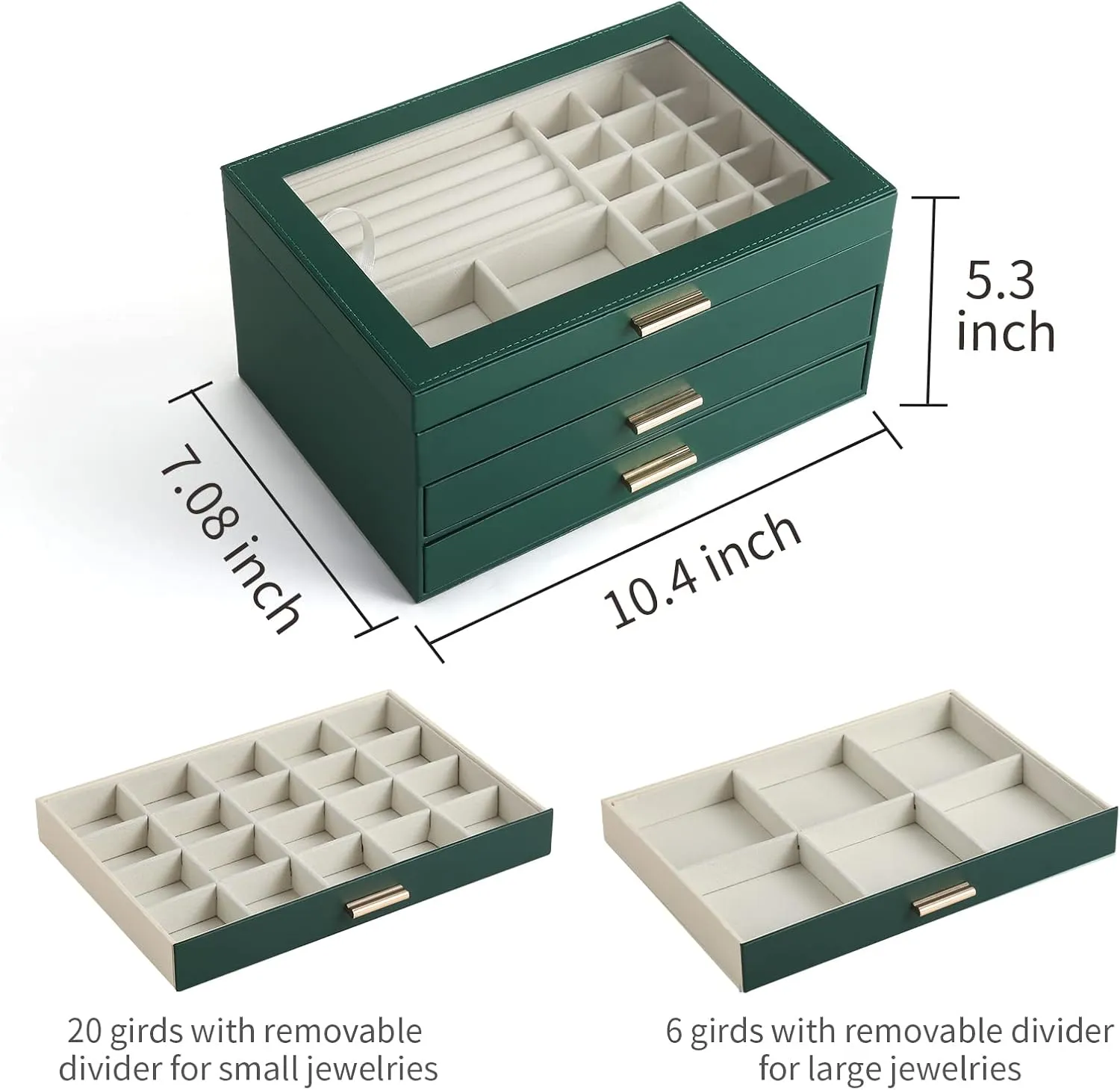 CASEGRACE Jewelry Box for Women, 3 Layer Double Drawer Jewelry Organizer Clear Lid, Large Jewelry Display Case for Necklace Bracelet Earrings Rings Storage for Dresser, Green