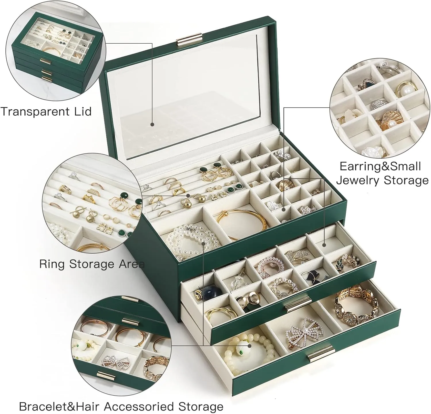 CASEGRACE Jewelry Box for Women, 3 Layer Double Drawer Jewelry Organizer Clear Lid, Large Jewelry Display Case for Necklace Bracelet Earrings Rings Storage for Dresser, Green