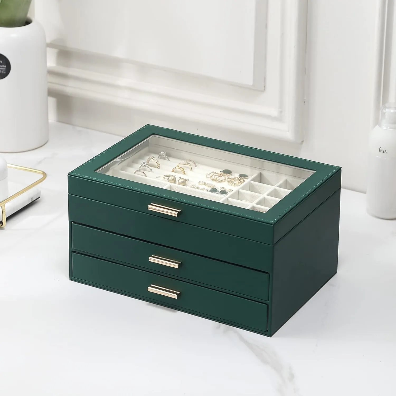 CASEGRACE Jewelry Box for Women, 3 Layer Double Drawer Jewelry Organizer Clear Lid, Large Jewelry Display Case for Necklace Bracelet Earrings Rings Storage for Dresser, Green
