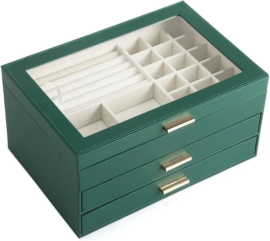 CASEGRACE Jewelry Box for Women, 3 Layer Double Drawer Jewelry Organizer Clear Lid, Large Jewelry Display Case for Necklace Bracelet Earrings Rings Storage for Dresser, Green