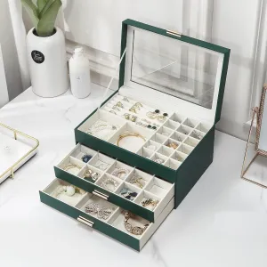 CASEGRACE Jewelry Box for Women, 3 Layer Double Drawer Jewelry Organizer Clear Lid, Large Jewelry Display Case for Necklace Bracelet Earrings Rings Storage for Dresser, Green