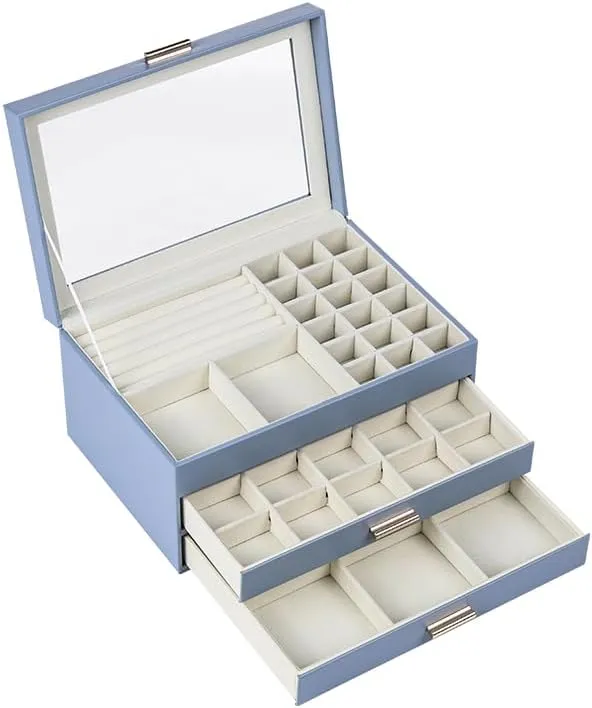 CASEGRACE Jewelry Box for Women, 3 Layer Double Drawer Jewelry Organizer Glass Lid, Large Jewelry Display Case for Necklace Bracelet Earrings Rings Storage for Dresser, Purple