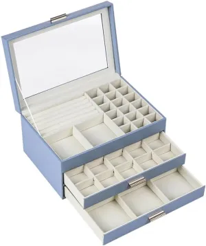 CASEGRACE Jewelry Box for Women, 3 Layer Double Drawer Jewelry Organizer Glass Lid, Large Jewelry Display Case for Necklace Bracelet Earrings Rings Storage for Dresser, Purple