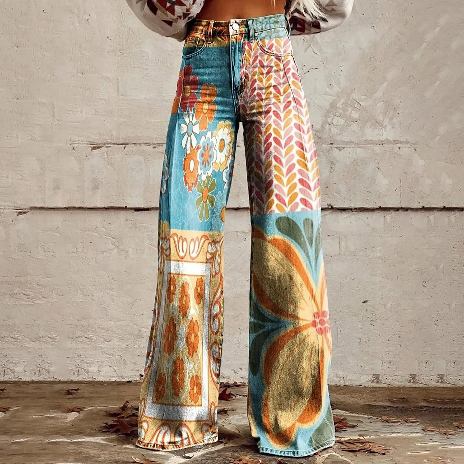 Casual High Waist Loose Cargo Pants Women Vintage Hippie Pants Trendy Wide Leg Trousers Print Straight Pants Halloween