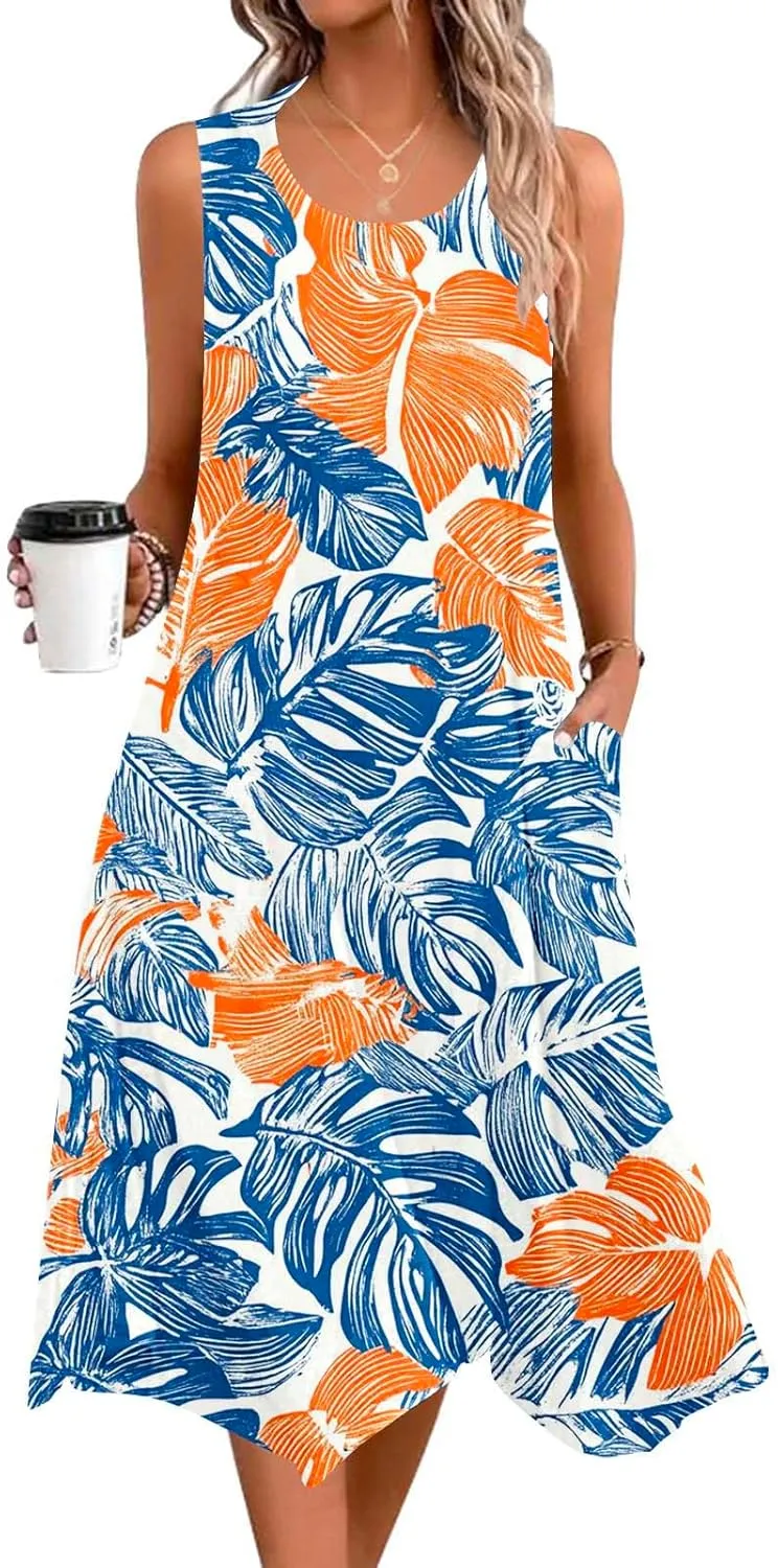 Casual Midi Dresses for Women Print Beach Dress Loose Fit Long Dresses Sleeveless Breach Dress 2025 Summer Dress