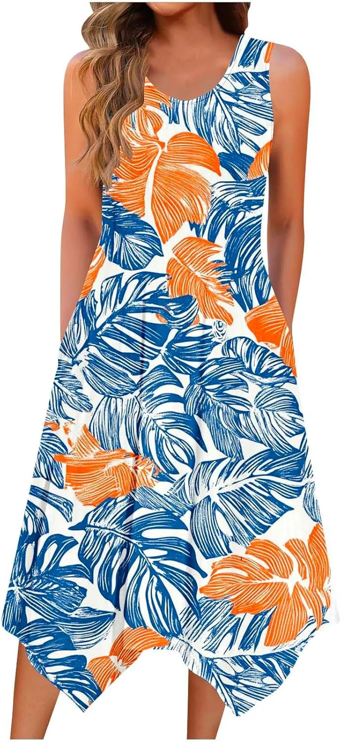 Casual Midi Dresses for Women Print Beach Dress Loose Fit Long Dresses Sleeveless Breach Dress 2025 Summer Dress