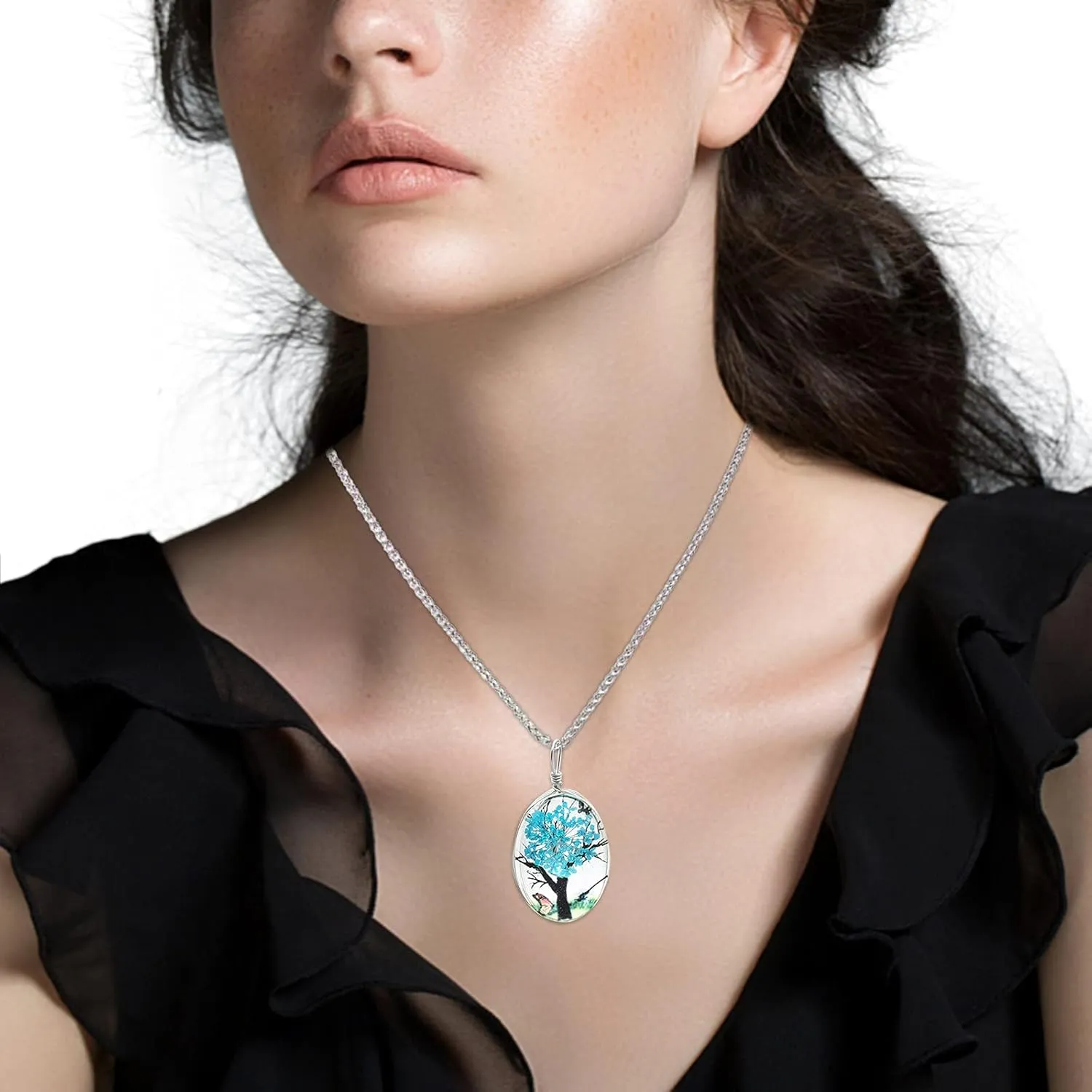 Chain Necklaces for Women- Y-Necklaces Necklace Plant Tree Pendant European Retro Flower Flower Life Lady Double-Sided and Crystal Trunk Eternal Glass Y-2k Men Pendants Jewelry (Blue, One Size)