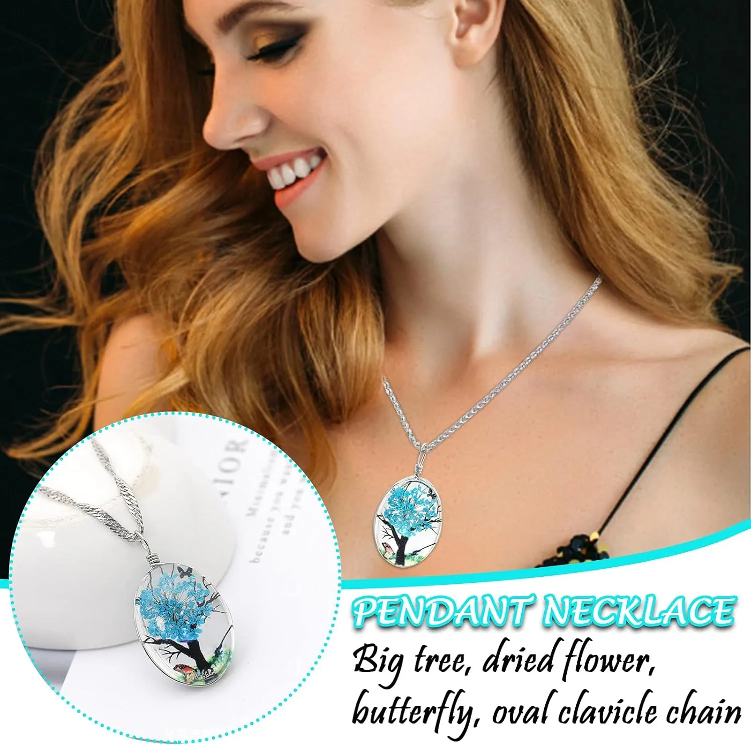 Chain Necklaces for Women- Y-Necklaces Necklace Plant Tree Pendant European Retro Flower Flower Life Lady Double-Sided and Crystal Trunk Eternal Glass Y-2k Men Pendants Jewelry (Blue, One Size)