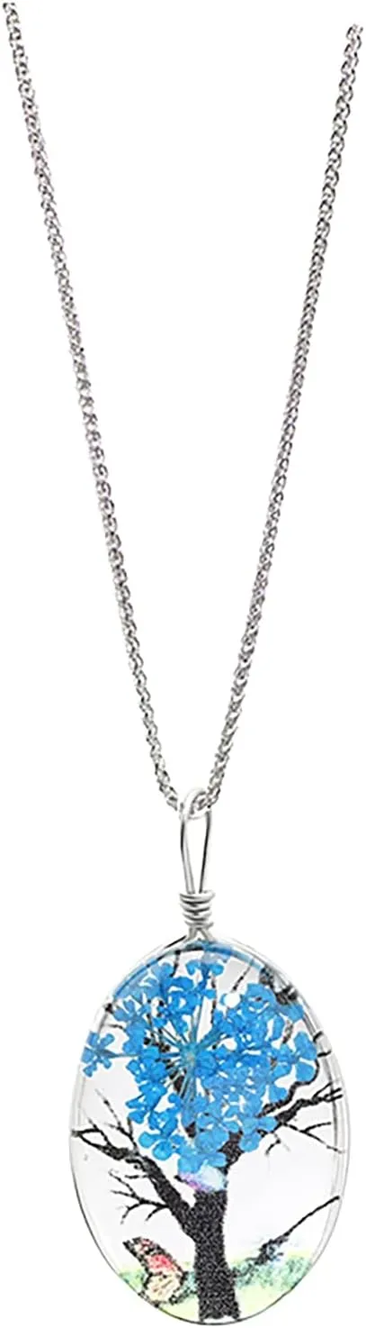 Chain Necklaces for Women- Y-Necklaces Necklace Plant Tree Pendant European Retro Flower Flower Life Lady Double-Sided and Crystal Trunk Eternal Glass Y-2k Men Pendants Jewelry (Blue, One Size)