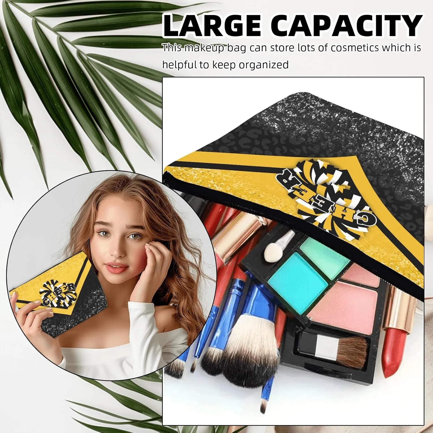 Cheerleader Cosmetic Bag Cheerleader Makeup Bag Gift for Women Cheer Team Gift Ideas for Birthday 1Pcs (Gold&Black)