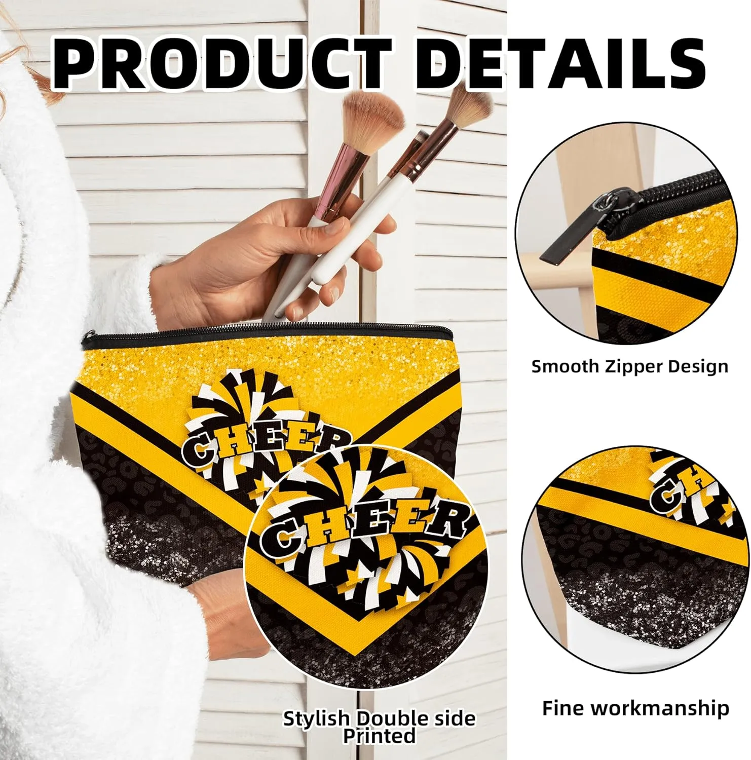 Cheerleader Cosmetic Bag Cheerleader Makeup Bag Gift for Women Cheer Team Gift Ideas for Birthday 1Pcs (Gold&Black)