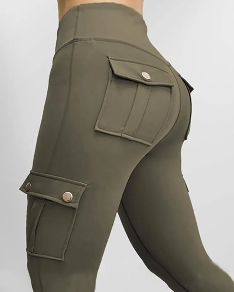 CHICME Women High Waist Cargo Leggings Seamless Workout Leggings Tummy Control Yoga Pants with Pocket