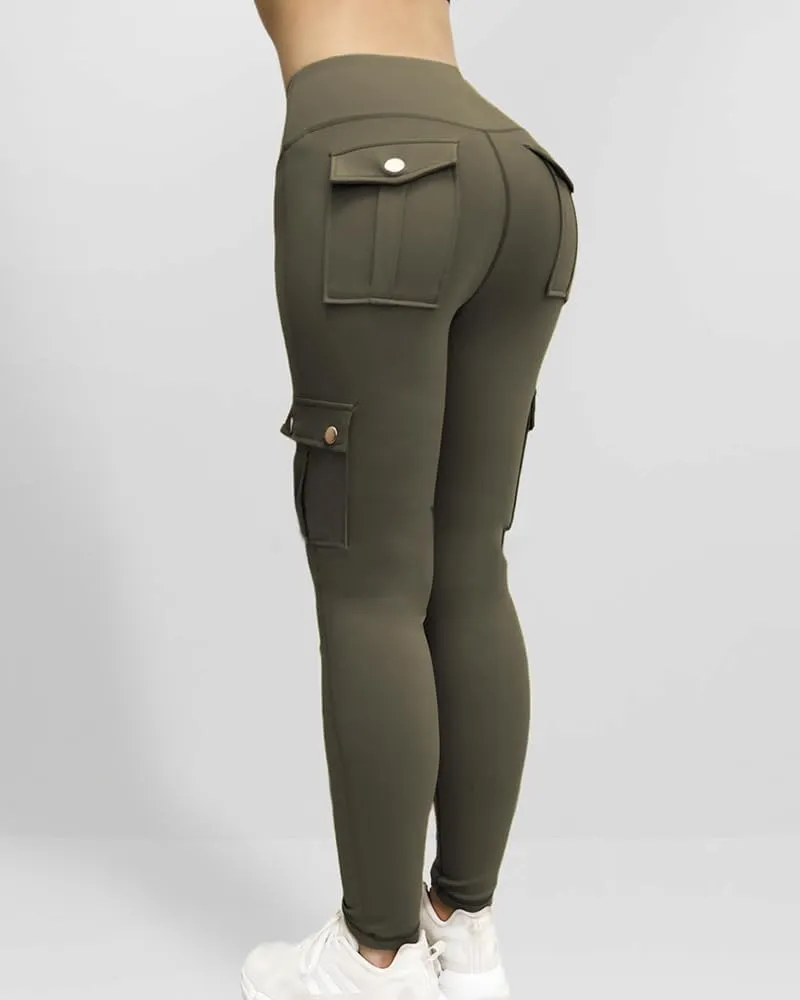 CHICME Women High Waist Cargo Leggings Seamless Workout Leggings Tummy Control Yoga Pants with Pocket