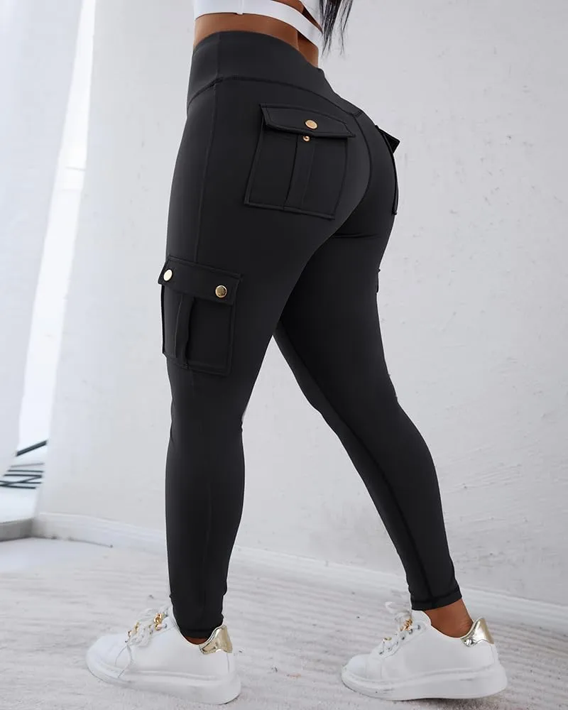 CHICME Women High Waist Cargo Leggings Seamless Workout Leggings Tummy Control Yoga Pants with Pocket