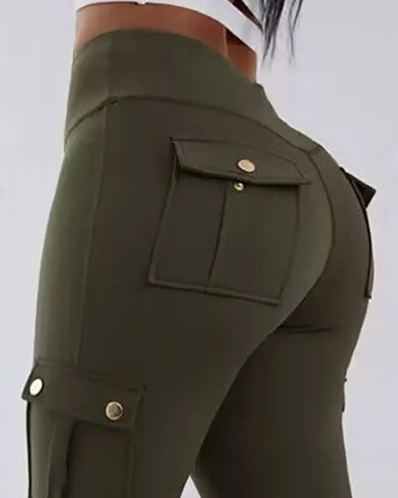CHICME Women High Waist Cargo Leggings Seamless Workout Leggings Tummy Control Yoga Pants with Pocket