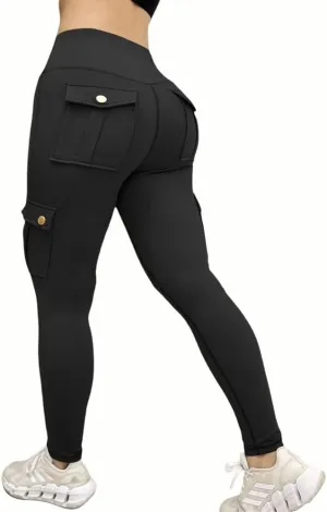 CHICME Women High Waist Cargo Leggings Seamless Workout Leggings Tummy Control Yoga Pants with Pocket