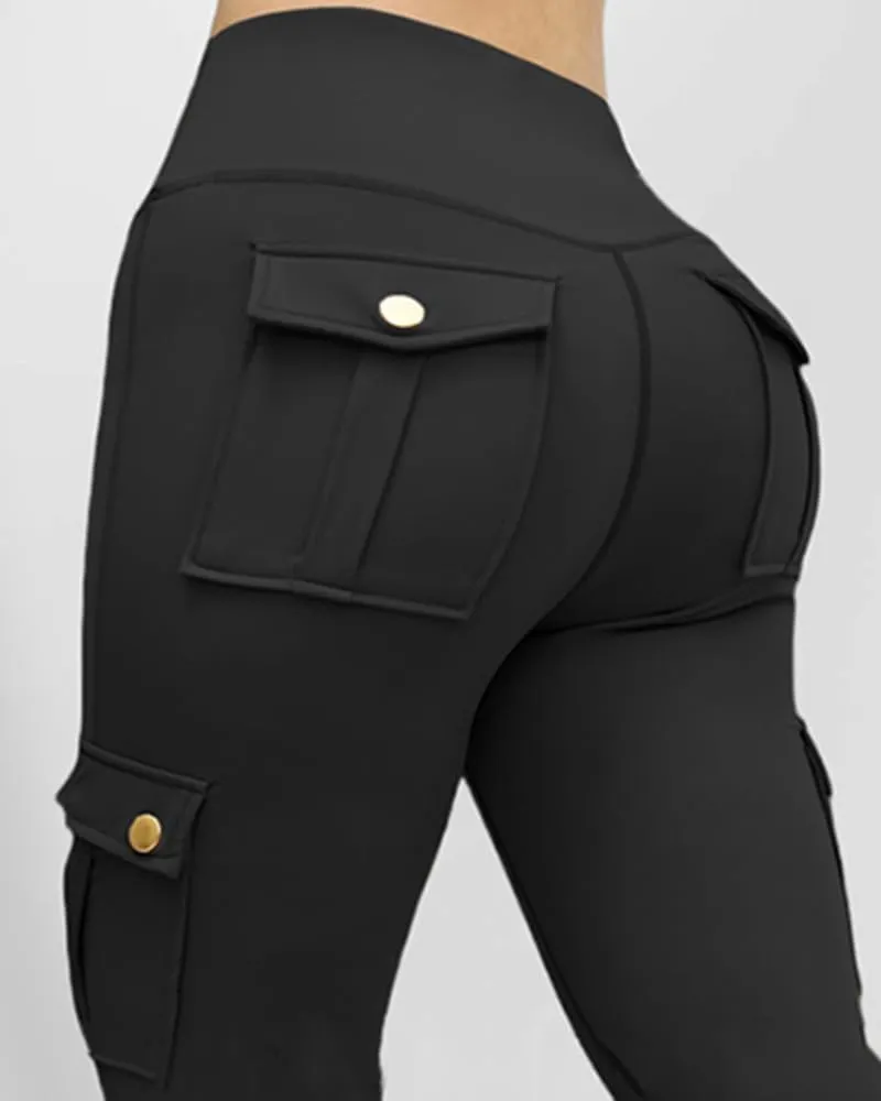 CHICME Women High Waist Cargo Leggings Seamless Workout Leggings Tummy Control Yoga Pants with Pocket