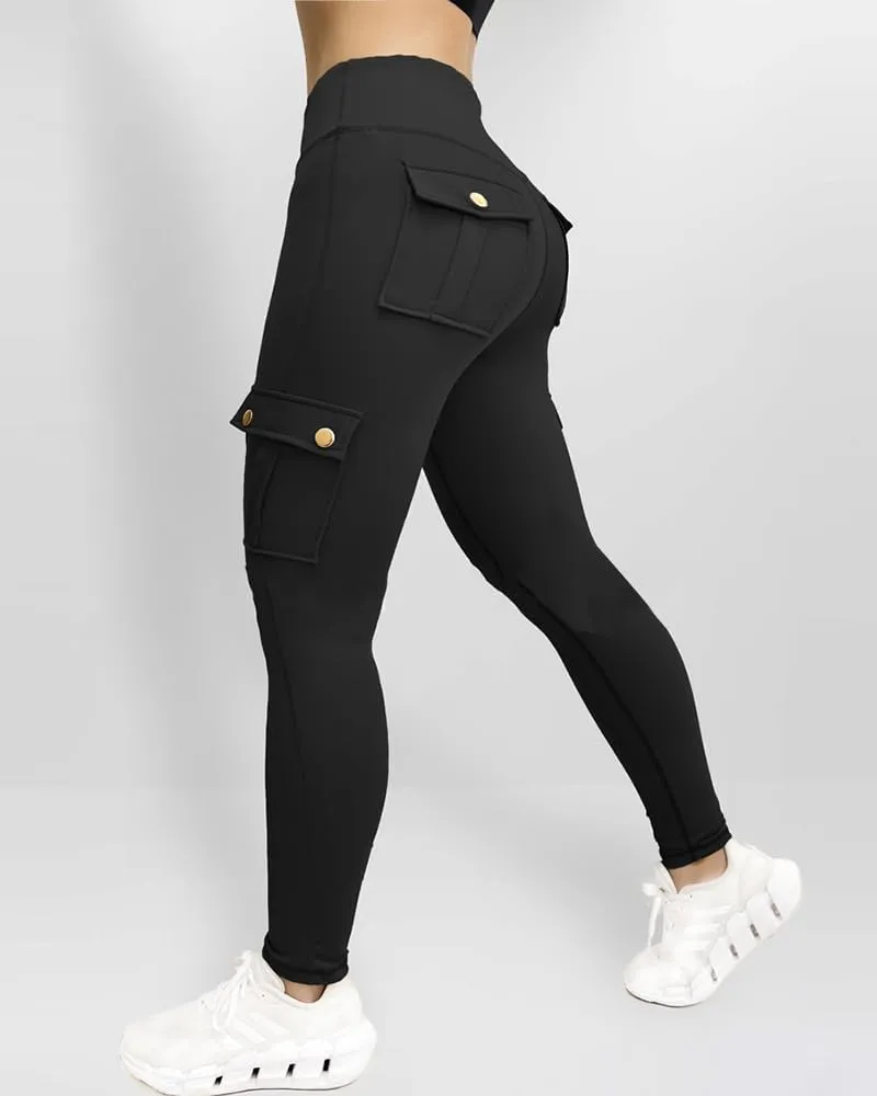 CHICME Women High Waist Cargo Leggings Seamless Workout Leggings Tummy Control Yoga Pants with Pocket