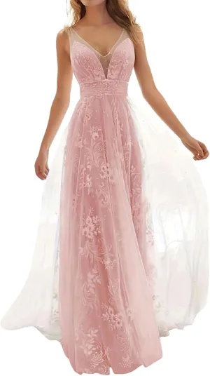 Chiffon Lace Bridesmaid Dresses Long for Women V-Neck Pleated Tulle Straps A-Line Prom Evening Wedding Fomal Gowns