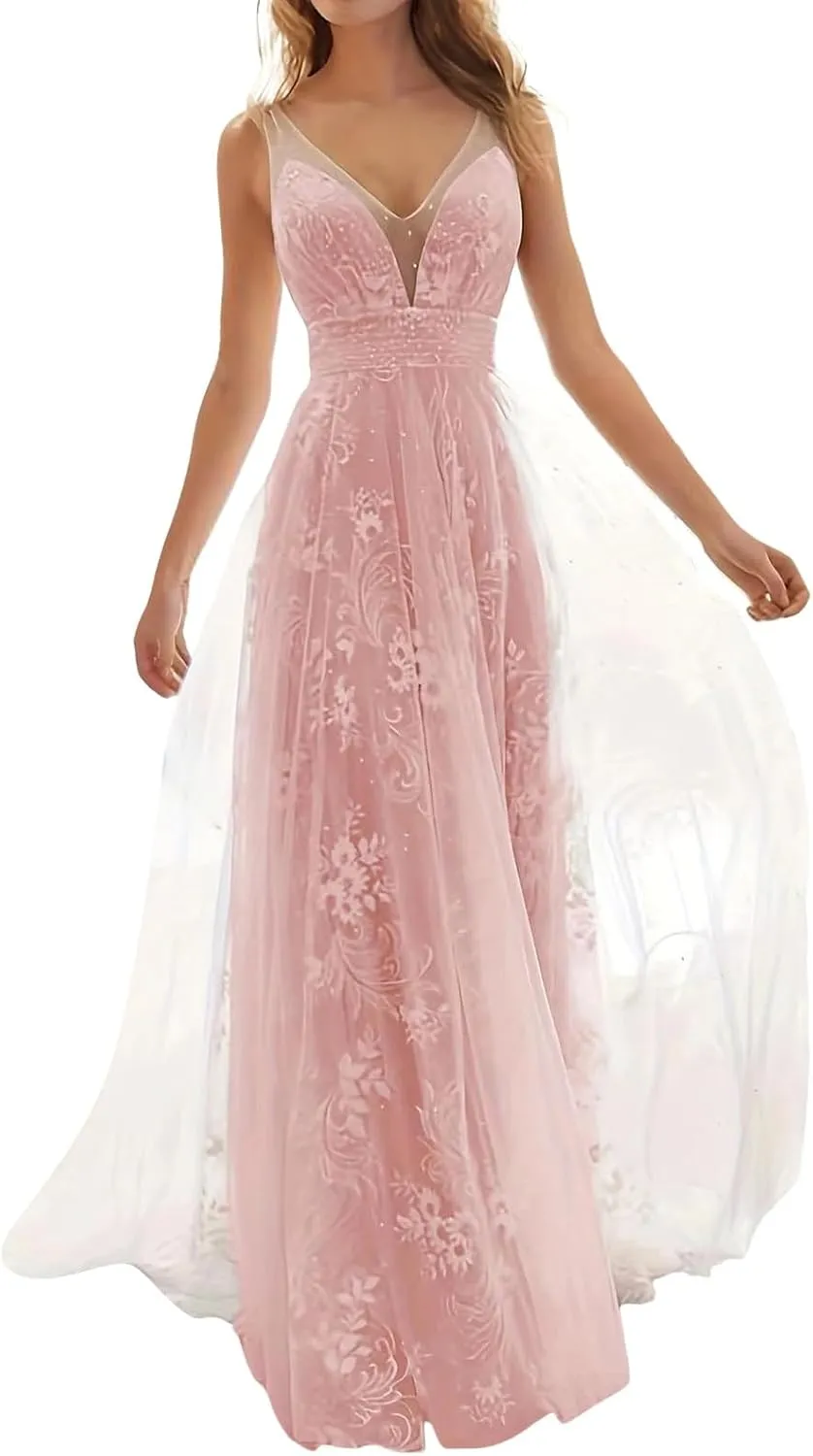 Chiffon Lace Bridesmaid Dresses Long for Women V-Neck Pleated Tulle Straps A-Line Prom Evening Wedding Fomal Gowns